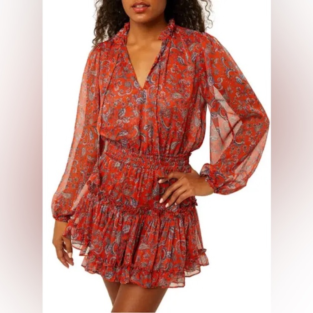 Misa Los Angeles Red Paisley Long Sleeve Dress